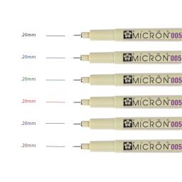 Sakura Pigma Micron Pens - Set of 6, Assorted Colors, 005 (set contents with swatch)