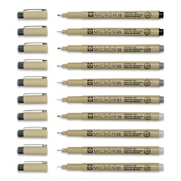 Sakura Pigma Micron Pens - Grays and Black, Set of 10 (contents with the caps off)