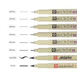 Sakura Pigma Micron, Brush and Graphic Markers - Set of 8, Black, showing nib sizes