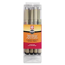 Sakura Pigma Micron, Brush and Graphic Markers - Set of 16, Black, Assorted Sizes, front of packaging