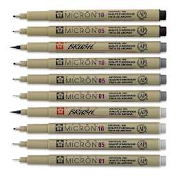 Sakura Pigma Brush Pens - Grays and Black, Brush and Micron, Set of 10 out of package