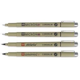 Sakura Pigma Micron, Brush and Graphic Markers - Set of 4, Sepia, pens laid out