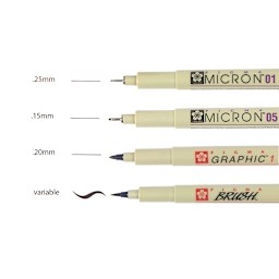 Sakura Pigma Micron, Brush and Graphic Markers - Set of 4, Sepia, showing nib sizes