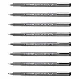 Staedtler Pigment Liner Pens - Set of 8, Black, Chisel and Fine Tip, Assorted Sizes
