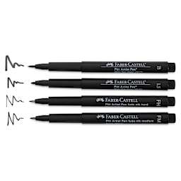 Faber-Castell Pitt Artist Pens - Modern Lettering Set, Black, Set of 4, Assorted Nibs with caps off and nib mark styles