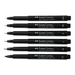 Faber-Castell Pitt Artist Pens- Black, Set of 6, Assorted Nibs (included pens with caps off)