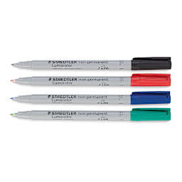 Staedtler Lumocolor Non-Permanent Markers - Set of 4 Fine Markers shown horizontally and uncapped