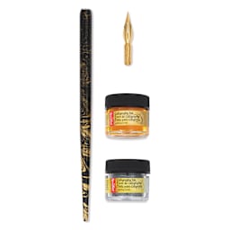 Speedball Signature Series Calligraphy Pen Set - Silver and Gold Ink, contents laid out