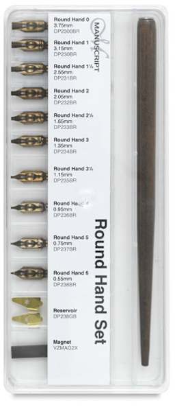 Manuscript Nib Sets - Closeup of Roman Round Hand Nib set in packaging showing components