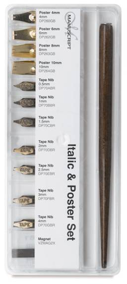 Manuscript Nib Sets - Closeup of Italic Nib set in packaging showing components