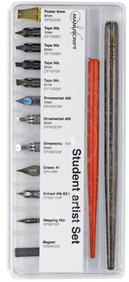Manuscript Nib Sets - Closeup of Student Artist Nib set in packaging showing components