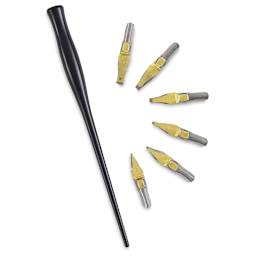 Speedball C-Series Calligraphy Pen Set, penholder and six nibs laid out