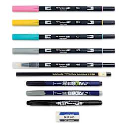 Tombow Lettering in Color Set, pens and markers with caps on, contents outside of the packaging