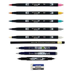 Tombow Lettering in Color Set, pens and markers with caps off, contents outside of the packaging