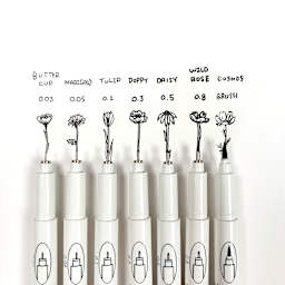 Marvy Uchida LePen Technical Drawing Pens with their sizes and a flower drawn using that size.