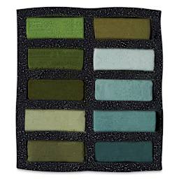 Art Spectrum Extra Soft Square Pastel - Greens Set of 10 shown in tray