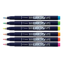 Tombow Fudenosuke Brush Pens - Set of 6, Neon Colors, Full view of brushes
