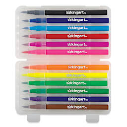 Kingart Watercolor Brush Marker Sets - 12 pc Package shown open with Markers in trays