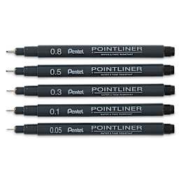 Pentel Arts Pointliner Pen Set - 5 pc set shown uncapped and horizontally