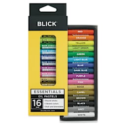 Blick Essentials Oil Pastel Sets - Set of 16 (front of packaging and contents)