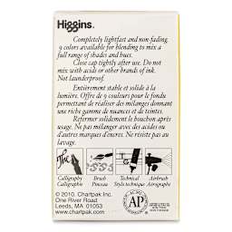Higgins Drawing Ink - 1 oz, Yellow, back of the packaging