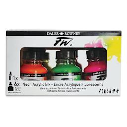 Daler-Rowney FW Acrylic Water-Resistant Artists Ink - 1 oz, Neon Colors, Set of 6 with Empty Marker (front of package)