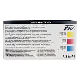 Daler-Rowney FW Acrylic Water-Resistant Artists Ink - 1 oz, Starter Colors, Set of 3 (back of package)