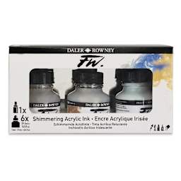 Daler-Rowney FW Acrylic Water-Resistant Artists Ink - 1 oz, Shimmer Colors, Set of 6 with Empty Marker (front of package)