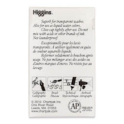 Higgins Dye-Based Drawing Ink - 1 oz, White, Waterproof, Dye-Based Ink, back of the packaging