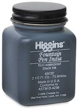 Fountain Pen India Ink - Slightly angled view of 2 1/2 oz bottle of India Ink