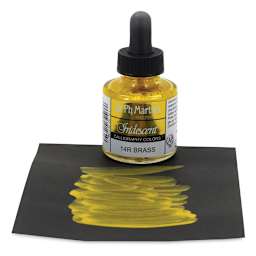 Dr. Ph. Martin's Iridescent Calligraphy Ink - 1 0z Brass bottle on paper with swath of ink