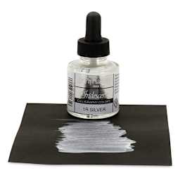 Dr. Ph. Martin's Iridescent Calligraphy Ink - 1 0z Silver bottle on paper with swath of ink