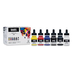Liquitex Professional Acrylic Ink Set - Set of 6 Essential Ink Colors shown next to package