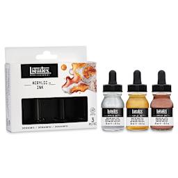 Liquitex Professional Acrylic Ink Set - Set of 3 Iridescent Ink Colors shown next to package