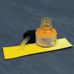 Higgins Acrylic Ink - Yellow Medium, 1 oz bottle with dropper and swatch