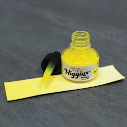 Higgins Acrylic Ink - Process Yellow, 1 oz bottle with dropper and swatch