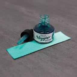 Higgins Acrylic Ink - Thalo Green (Blue Shade), 1 oz bottle with dropper and swatch