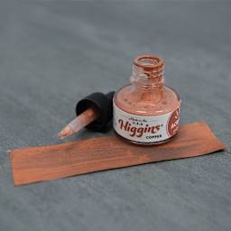 Higgins Acrylic Ink - Copper, 1 oz bottle with dropper and swatch over black paper