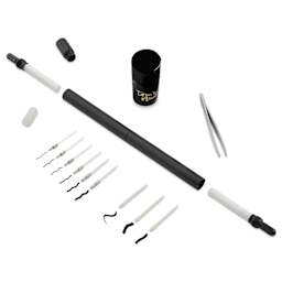 Tom's Studio Lumos Pro Refillable Dual Tip Pen Set - Matte Black, contents laid out