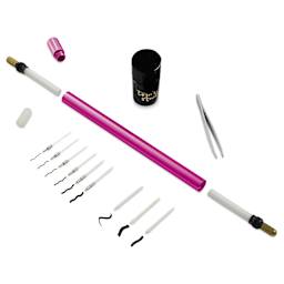 Tom's Studio Lumos Pro Refillable Dual Tip Pen Set - Raspberry, contents laid out