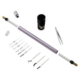 Tom's Studio Lumos Pro Refillable Dual Tip Pen Set - Lilac, contents laid out