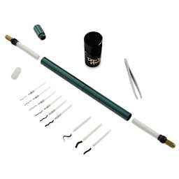 Tom's Studio Lumos Pro Refillable Dual Tip Pen Set - Ivy, contents laid out