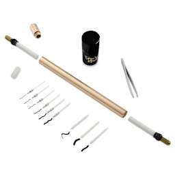 Tom's Studio Lumos Pro Refillable Dual Tip Pen Set - Brass, contents laid out