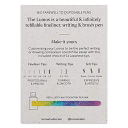Tom's Studio Lumos Mini Refillable Pen - Blush, back of the packaging (Nibs sold separately)