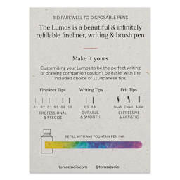 Tom's Studio Lumos Mini Refillable Pen - Matte Black, back of the packaging (Nibs sold separately)