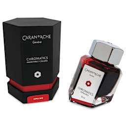 Caran d'Ache Chromatics Ink - Infrared, 50 ml Jar, jar next to packaging