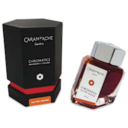 Caran d'Ache Chromatics Ink - Electric Orange, 50 ml Jar, jar next to packaging