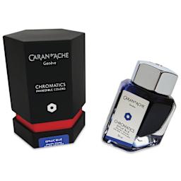 Caran d'Ache Chromatics Ink - Idyllic Blue, 50 ml Jar, jar next to packaging