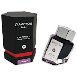 Caran d'Ache Chromatics Ink - Ultraviolet, 50 ml Jar, jar next to packaging
