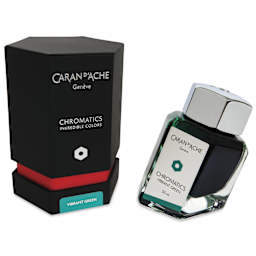 Caran d'Ache Chromatics Ink - Vibrant Green, 50 ml Jar, jar next to packaging